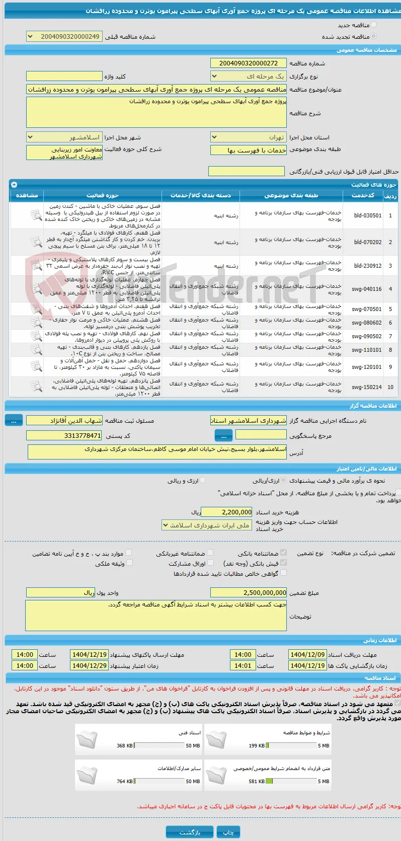 مناقصه عمومی یک مرحله ای پروژه جمع آوری آبهای سطحی پیرامون یوترن و محدوده زرافشان