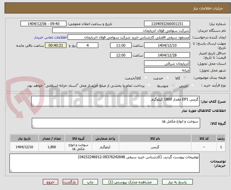 گریس EP1 مقدار 1800 کیلوگرم