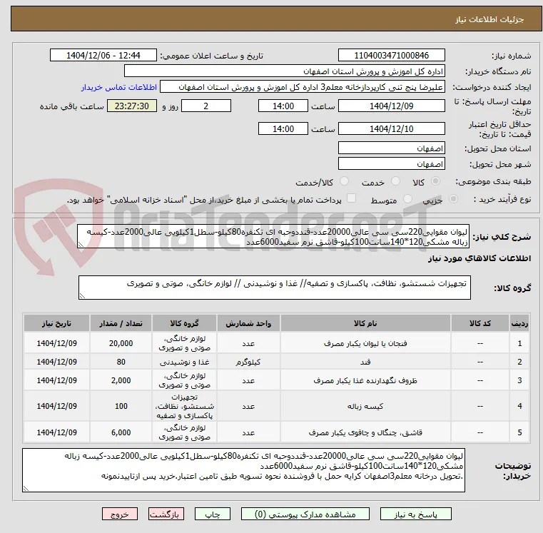 لیوان مقوایی220سی سی عالی20000عدد-قنددوحبه ای تکنفره80کیلو-سطل1کیلویی عالی2000عدد-کیسه زباله مشکی120*140سانت100کیلو-قاشق نرم سفید6000عدد