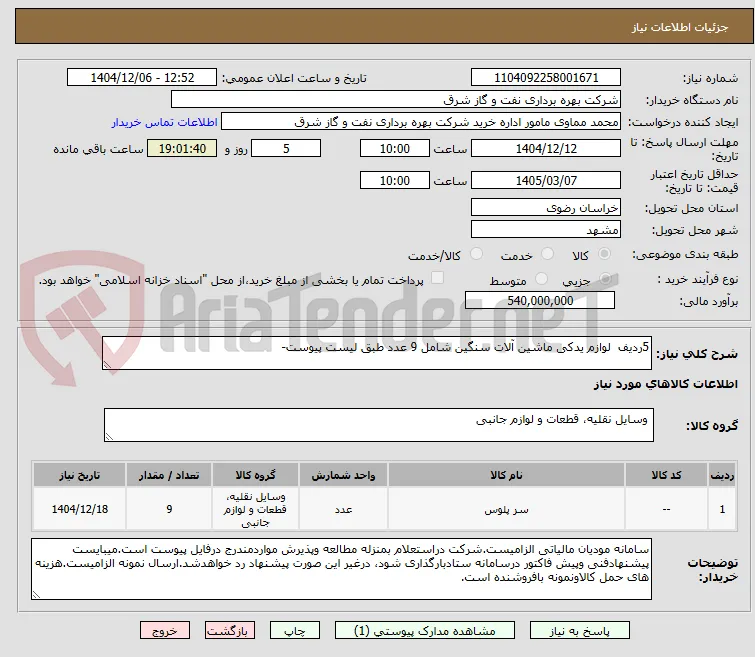 5ردیف  لوازم یدکی ماشین آلات سنگین شامل 9 عدد طبق لیست پیوست- 
