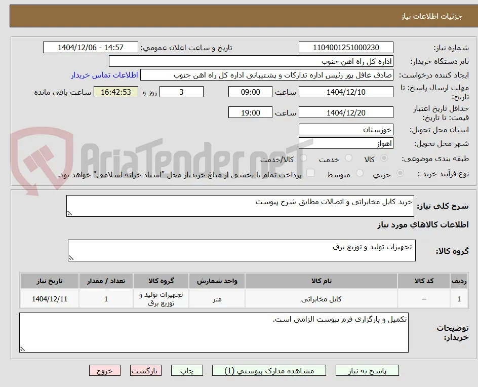 خرید کابل مخابراتی و اتصالات مطابق شرح پیوست