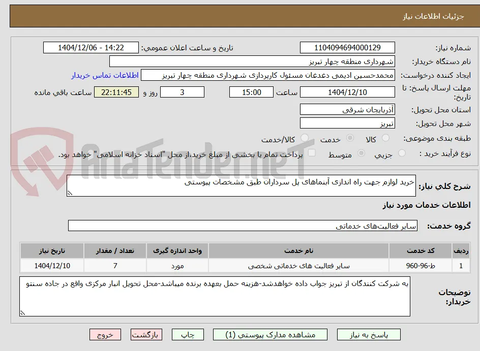 خرید لوازم جهت راه اندازی آبنماهای پل سرداران طبق مشخصات پیوستی