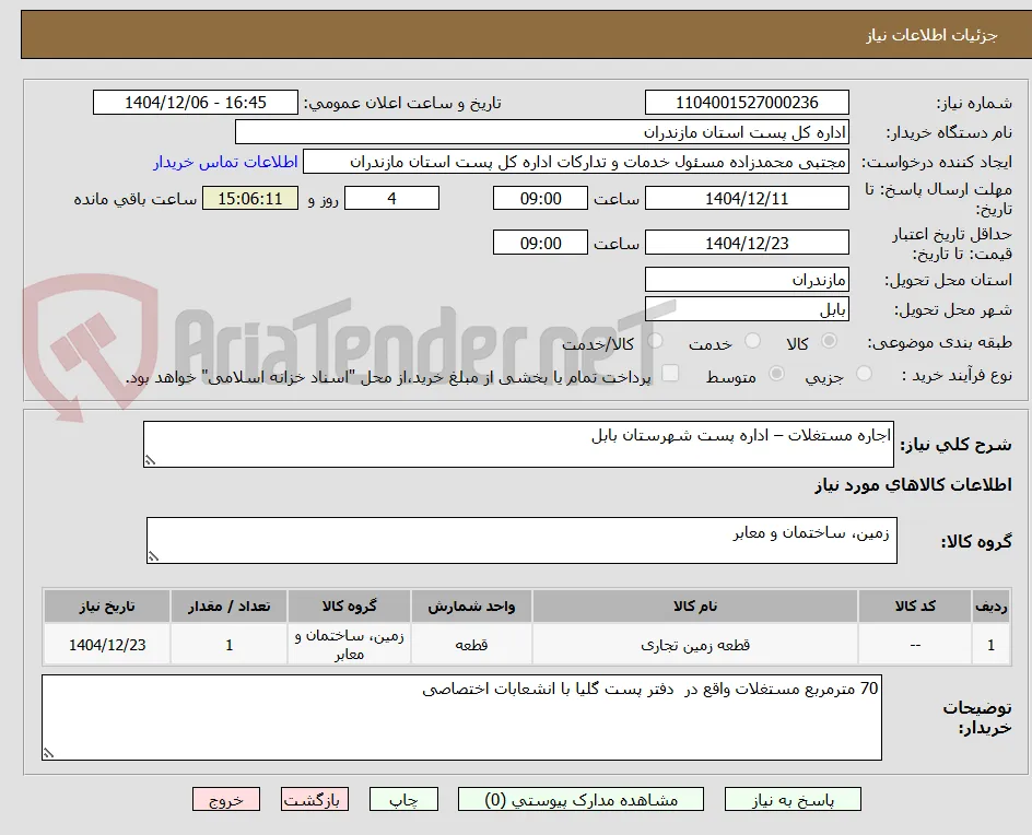 اجاره مستغلات – اداره پست شهرستان بابل