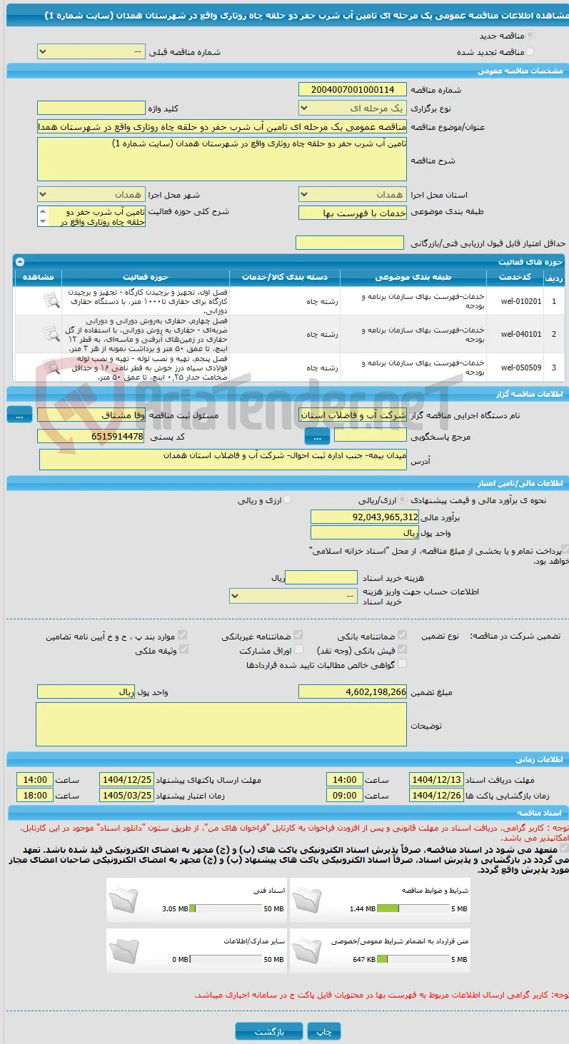 مناقصه عمومی یک مرحله ای تامین آب شرب حفر دو حلقه چاه روتاری واقع در شهرستان همدان (سایت شماره 1)