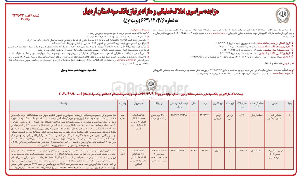 مزایده سراسری املاک تملیکی و مازاد 