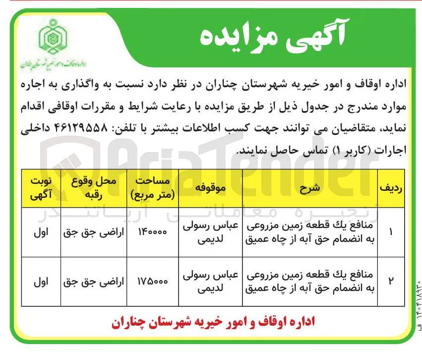 1 منافع يك قطعه زمین مزروعی به انضمام حق آبه از چاه عمیق 