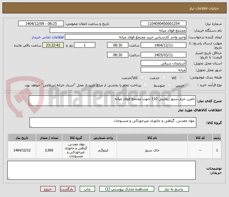 تامین جرم نسوز ریختنی 110 جهت مجتمع فولاد میانه