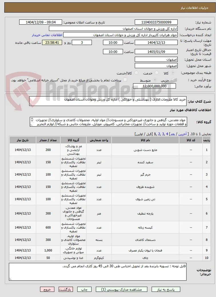 خرید کالا ملزومات اداری ( بهداشتی و خوراکی ) اداره کل ورزش وجوانان استان اصفهان 