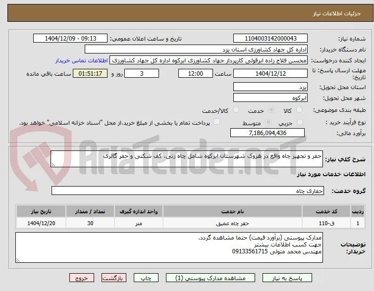 حفر و تجهیز چاه واقع در هروک شهرستان ابرکوه شامل چاه زنی، کف شکنی و حفر گالری