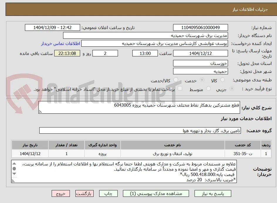 قطع مشترکین بدهکار نقاط مختلف شهرستان حمیدیه پروژه 6043005