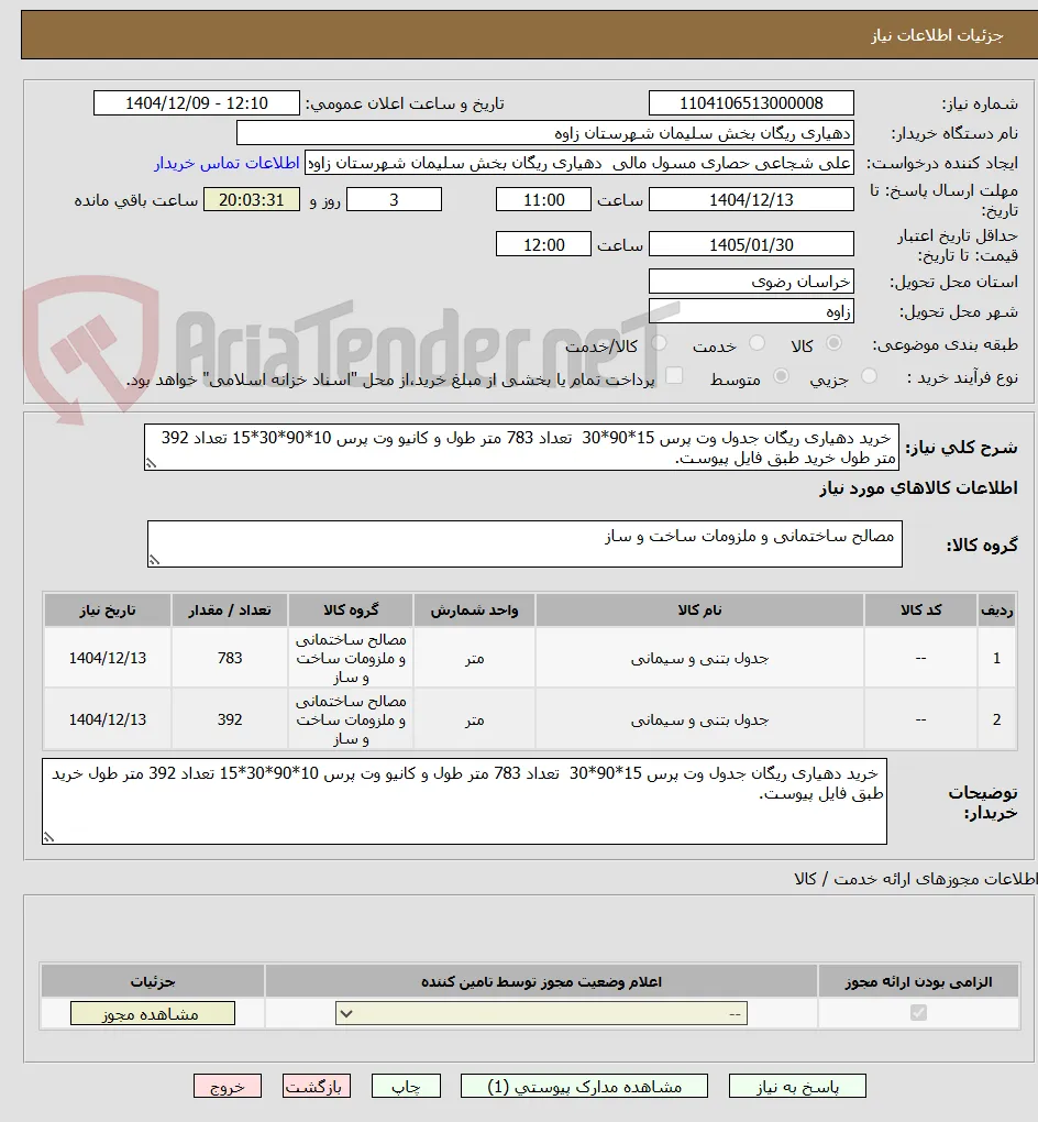  خرید دهیاری ریگان جدول وت پرس 15*90*30  تعداد 783 متر طول و کانیو وت پرس 10*90*30*15 تعداد 392 متر طول خرید طبق فایل پیوست.