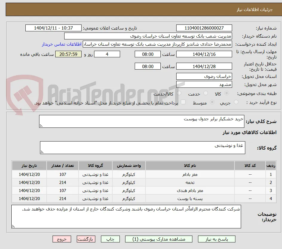خرید خشکبار برابر جدول پیوست 