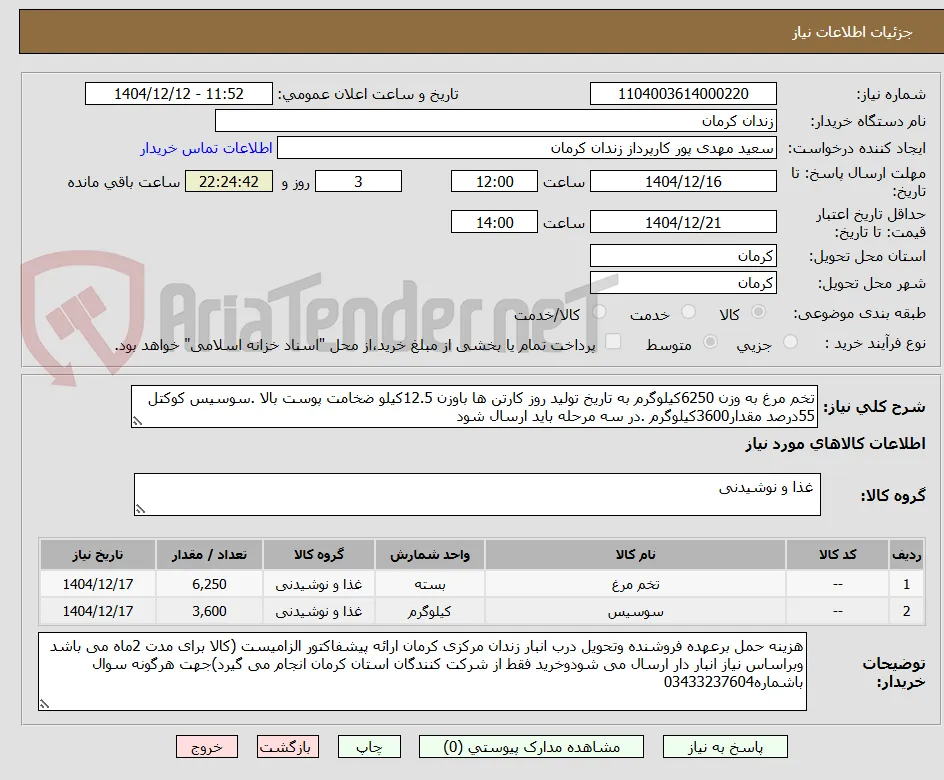 تخم مرغ به وزن 6250کیلوگرم به تاریخ تولید روز کارتن ها باوزن 12.5کیلو ضخامت پوست بالا .سوسیس کوکتل 55درصد مقدار3600کیلوگرم .در سه مرحله باید ارسال شود