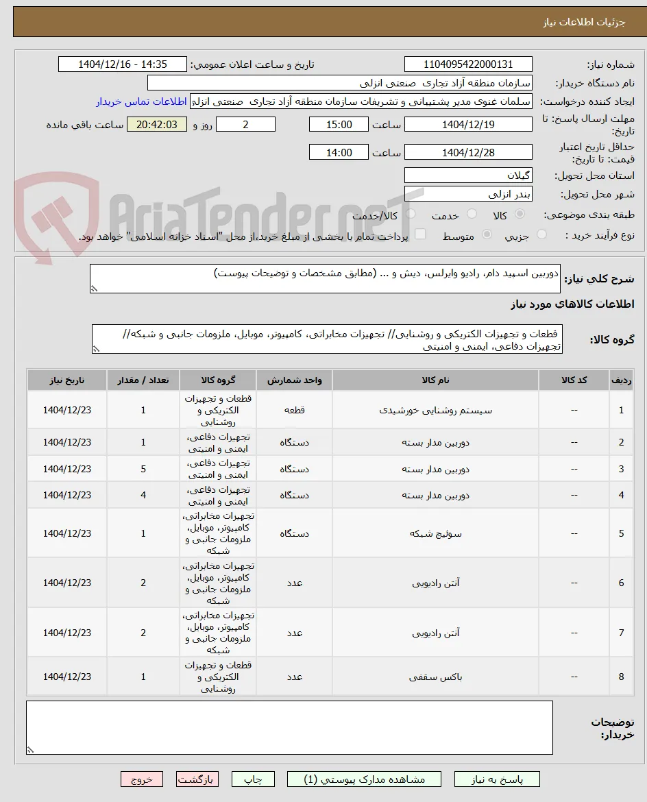 دوربین اسپید دام، رادیو وایرلس، دیش و ... (مطابق مشخصات و توضیحات پیوست)