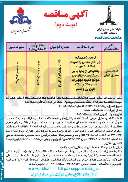 تامین ۵ دستگاه جراثقال ۵۰ تن به صورت Out Call 