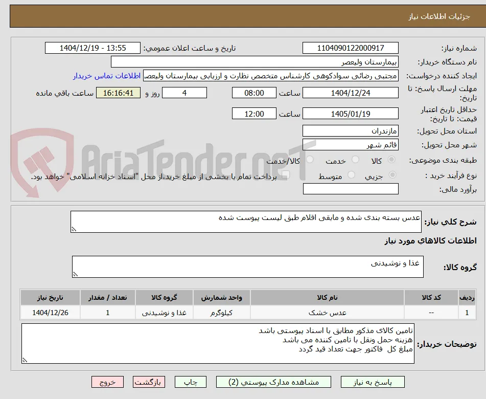 عدس بسته بندی شده و مابقی اقلام طبق لیست پیوست شده
