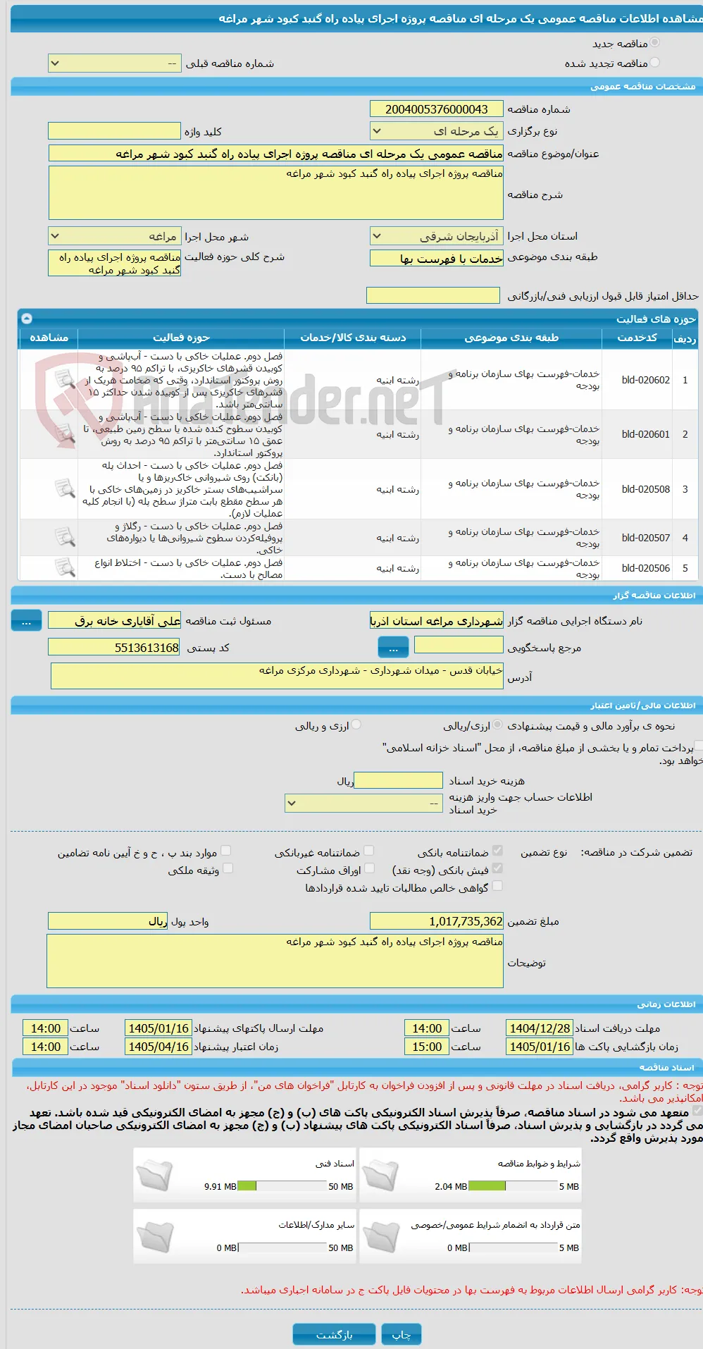 مناقصه عمومی یک مرحله ای مناقصه پروژه اجرای پیاده راه گنبد کبود شهر مراغه 