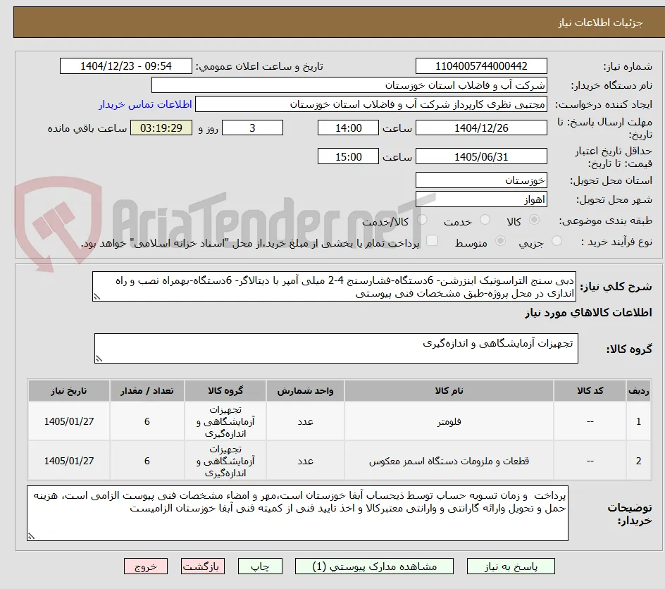 دبی سنج التراسونیک اینزرشن- 6دستگاه-فشارسنج 4-2 میلی آمپر با دیتالاگر- 6دستگاه-بهمراه نصب و راه اندازی در محل پروژه-طبق مشخصات فنی پیوستی
