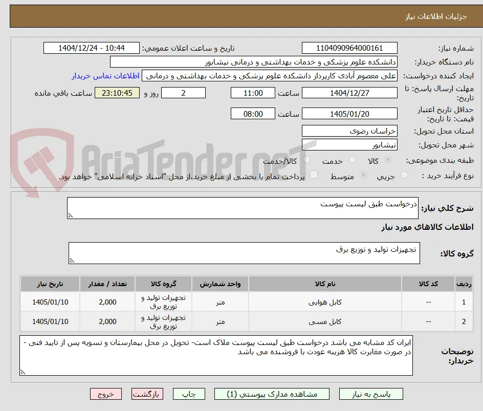 درخواست طبق لیست پیوست