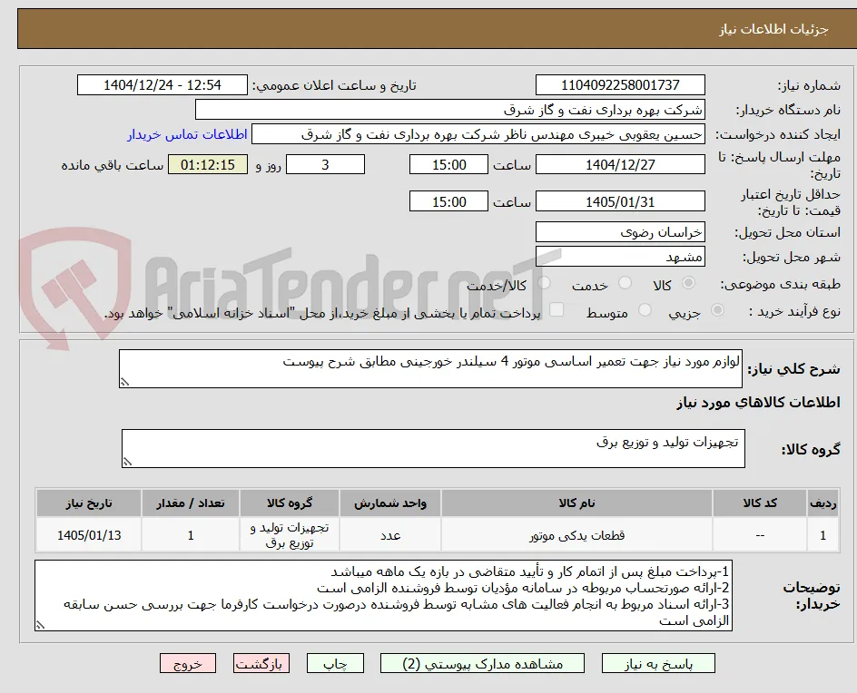 لوازم مورد نیاز جهت تعمیر اساسی موتور 4 سیلندر خورجینی مطابق شرح پیوست