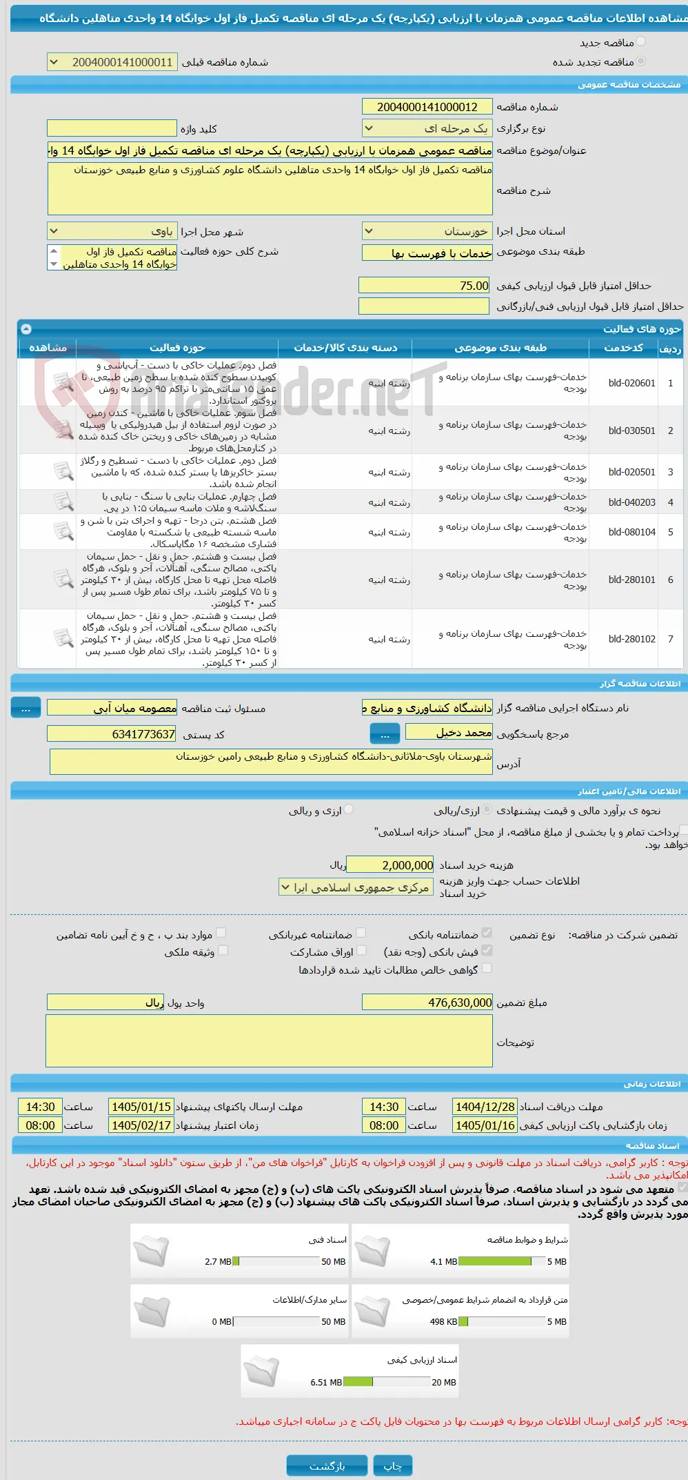 مناقصه عمومی همزمان با ارزیابی (یکپارچه) یک مرحله ای مناقصه تکمیل فاز اول خوابگاه 14 واحدی متاهلین دانشگاه