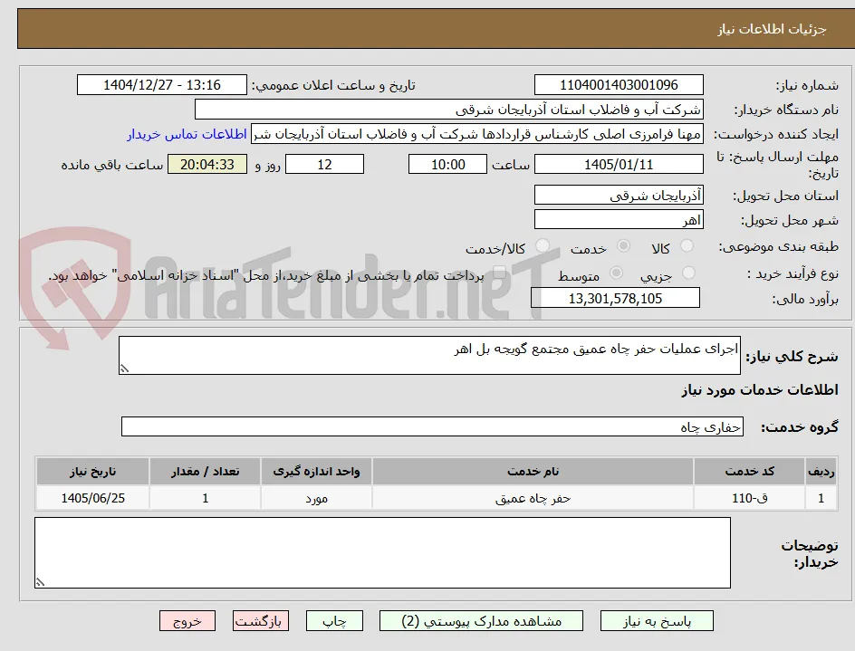 اجرای عملیات حفر چاه عمیق مجتمع گویجه بل اهر