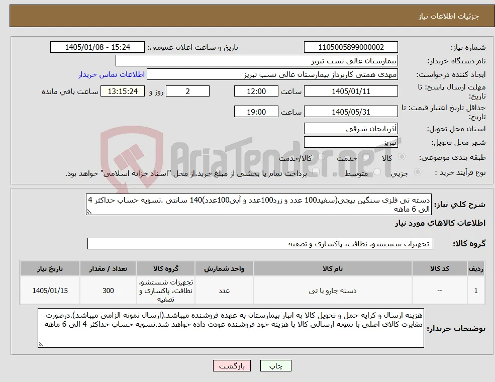 نیاز کالا-دسته تی فلزی سنگین پیچی(سفید100 عدد و زرد100عدد و آبی100عدد)140 سانتی .تسویه حساب حداکثر 4 الی 6 ماهه