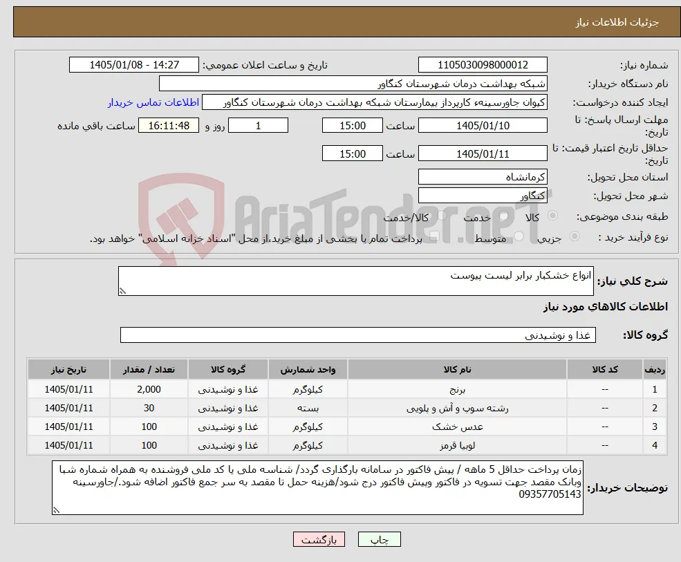 نیاز کالا-انواع خشکبار برابر لیست پیوست 