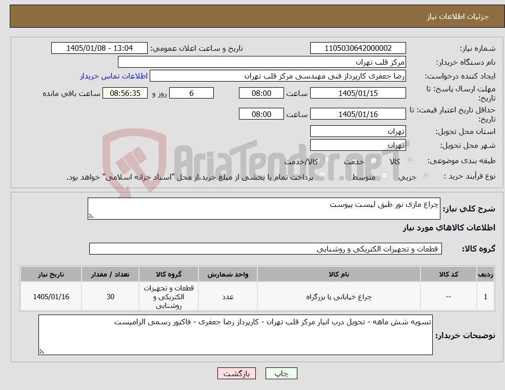 نیاز کالا-چراغ مازی نور طبق لیست پیوست