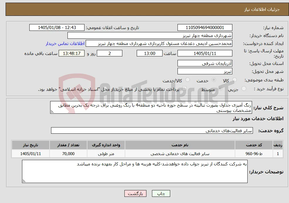 نیاز خدمات-رنگ آمیزی جداول بصورت تنالیته در سطح حوزه ناحیه دو منطقه4 با رنگ روغنی براق درجه یک بحرین مطابق مشخصات پیوستی