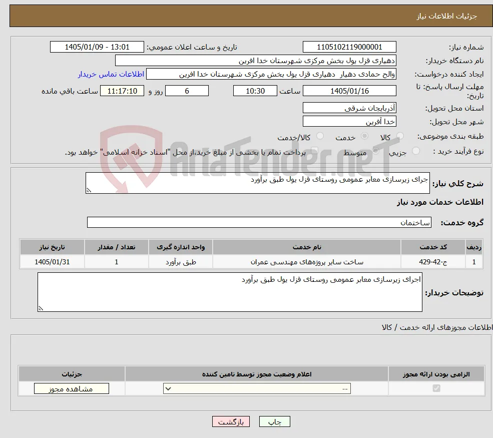 نیاز خدمات-جرای زیرسازی معابر عمومی روستای قزل یول طبق برآورد 