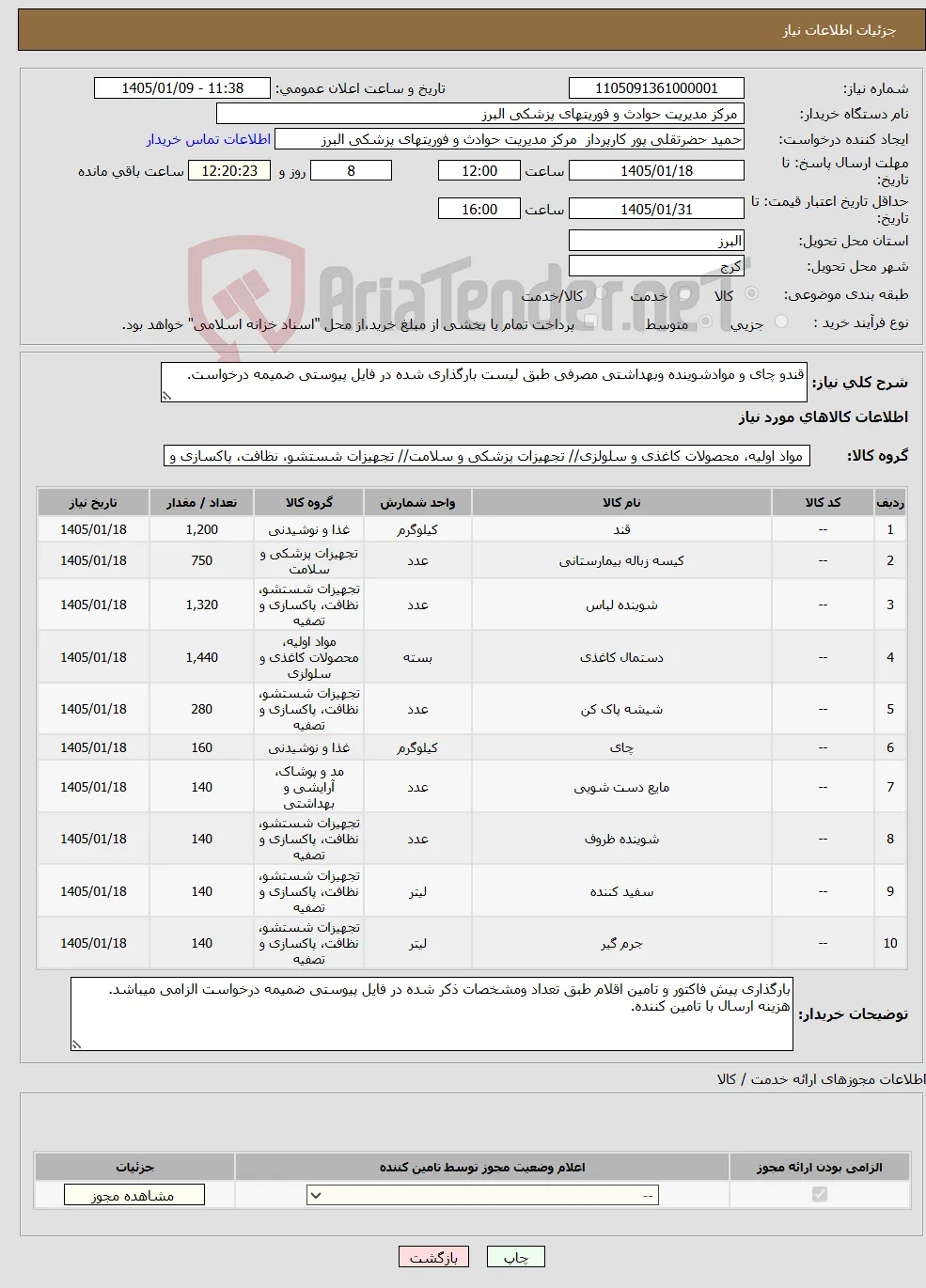 نیاز کالا-قندو چای و موادشوینده وبهداشتی مصرفی طبق لیست بارگذاری شده در فایل پیوستی ضمیمه درخواست.