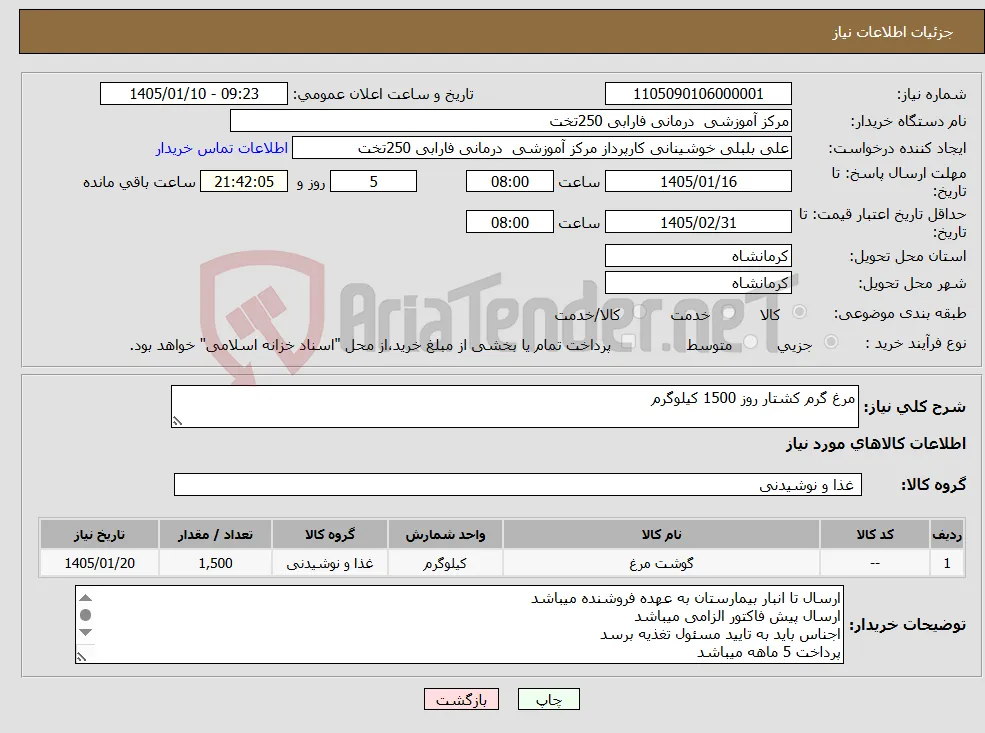 نیاز کالا-مرغ گرم کشتار روز 1500 کیلوگرم 