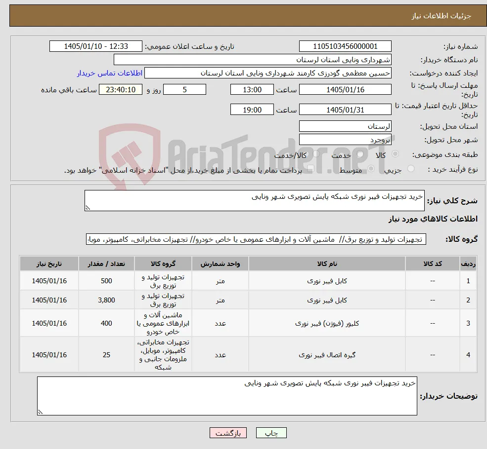 نیاز کالا-خرید تجهیزات فیبر نوری شبکه پایش تصویری شهر ونایی