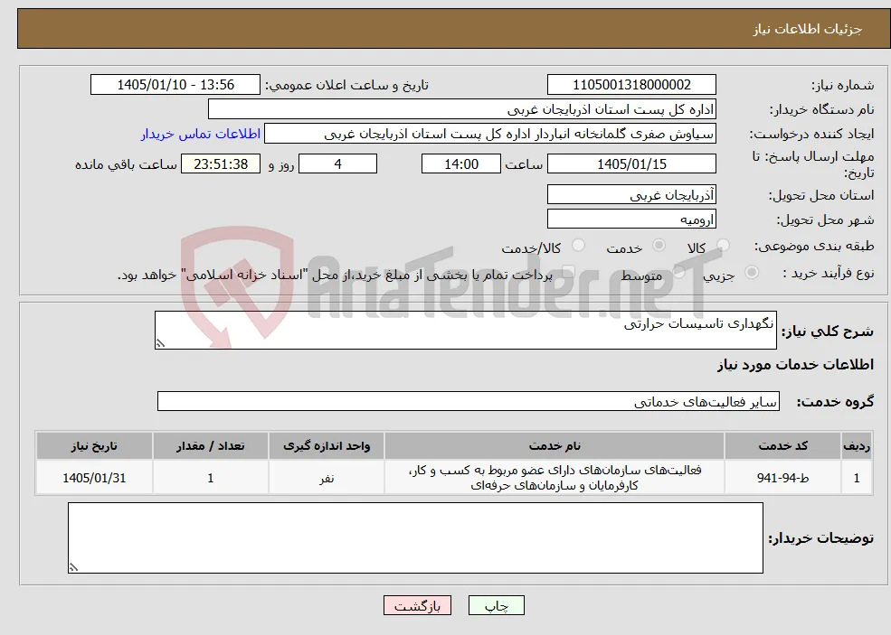 نیاز خدمات-نگهداری تاسیسات حرارتی 