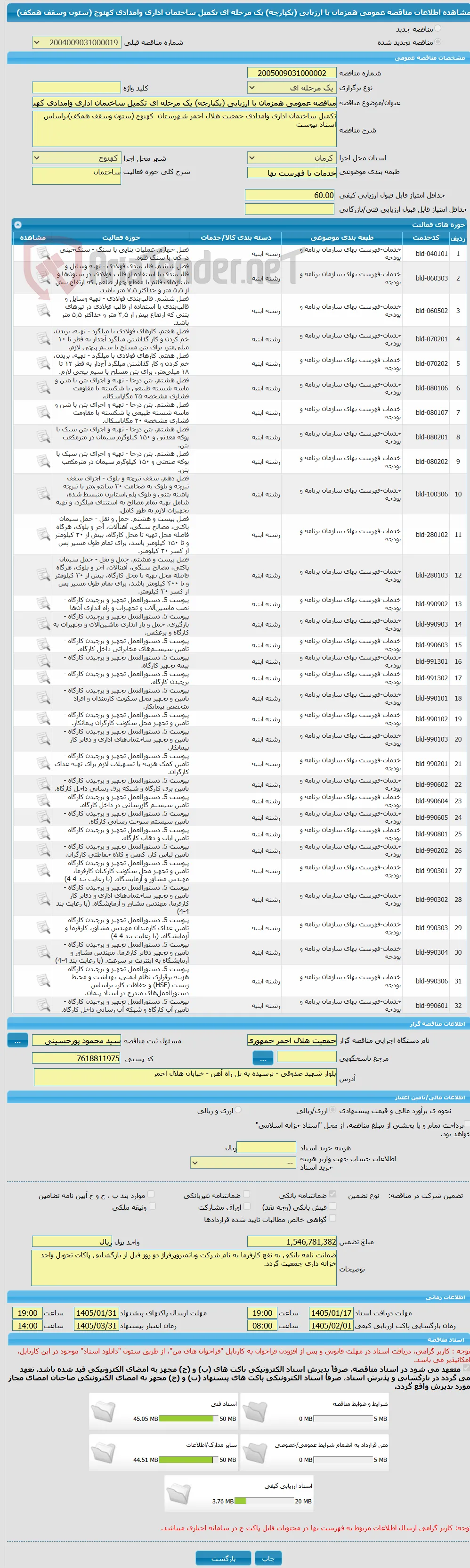 مناقصه عمومی همزمان با ارزیابی (یکپارچه) یک مرحله ای تکمیل ساختمان اداری وامدادی کهنوج (ستون وسقف همکف)
