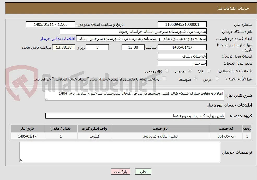 اصلاح و مقاوم سازی شبکه های فشار متوسط در معرض طوفان شهرستان سرخس- عوارض برق 1404