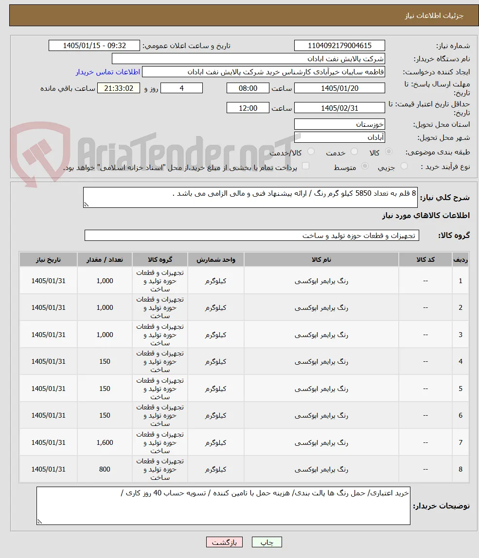 8 قلم به تعداد 5850 کیلو گرم رنگ / ارائه پیشنهاد فنی و مالی الزامی می باشد .