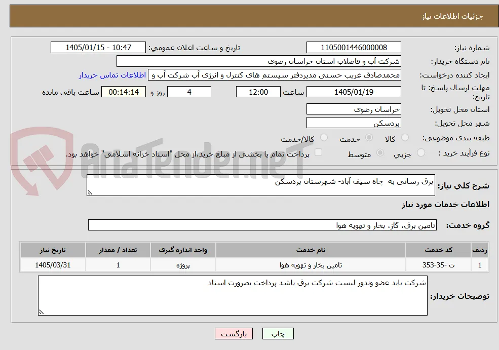 برق رسانی به  چاه سیف آباد- شهرستان بردسکن