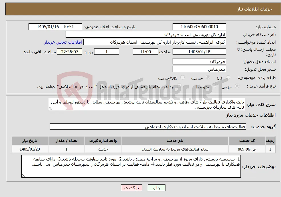 نیاز خدمات-بابت واگذاری فعالیت طرح های رفاهی و تکریم سالمندان تحت پوشش بهزیستی مطابق با دستورالعملها و آیین نامه های سازمان بهزیستی