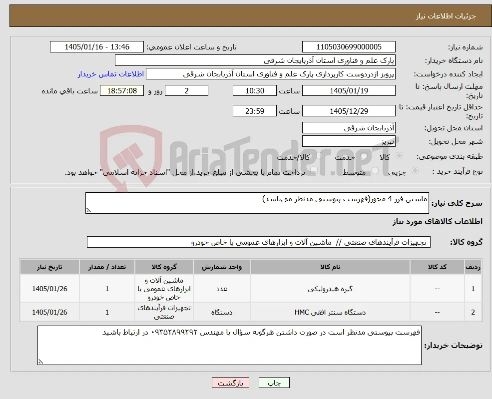 نیاز کالا-ماشین فرز 4 محور(فهرست پیوستی مدنظر می‌باشد)
