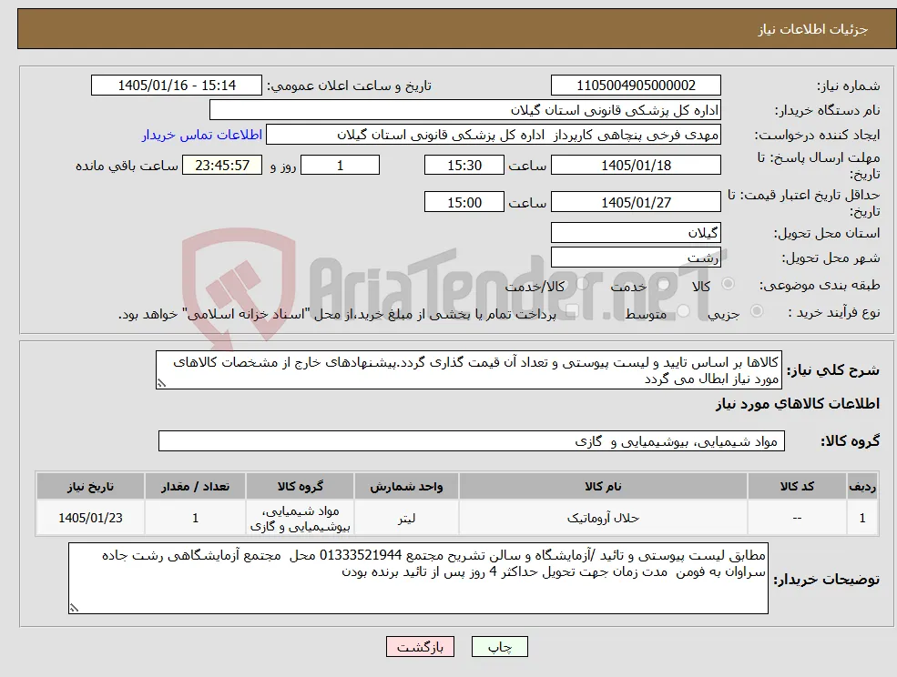 نیاز کالا-کالاها بر اساس تایید و لیست پیوستی و تعداد آن قیمت گذاری گردد.پیشنهادهای خارج از مشخصات کالاهای مورد نیاز ابطال می گردد