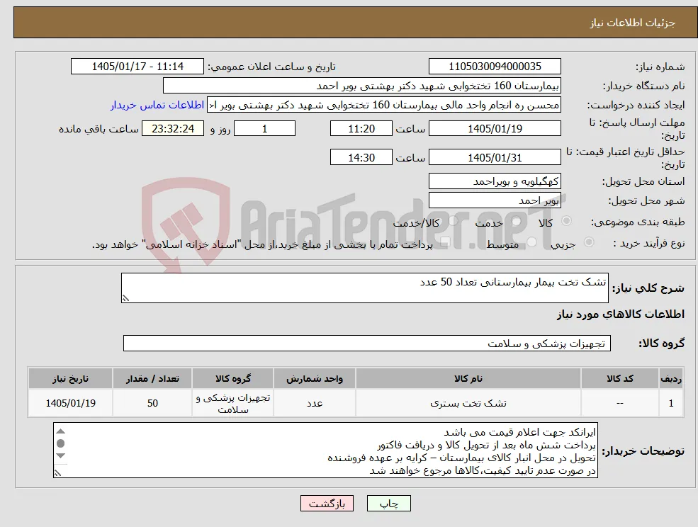 نیاز کالا-تشک تخت بیمار بیمارستانی تعداد 50 عدد