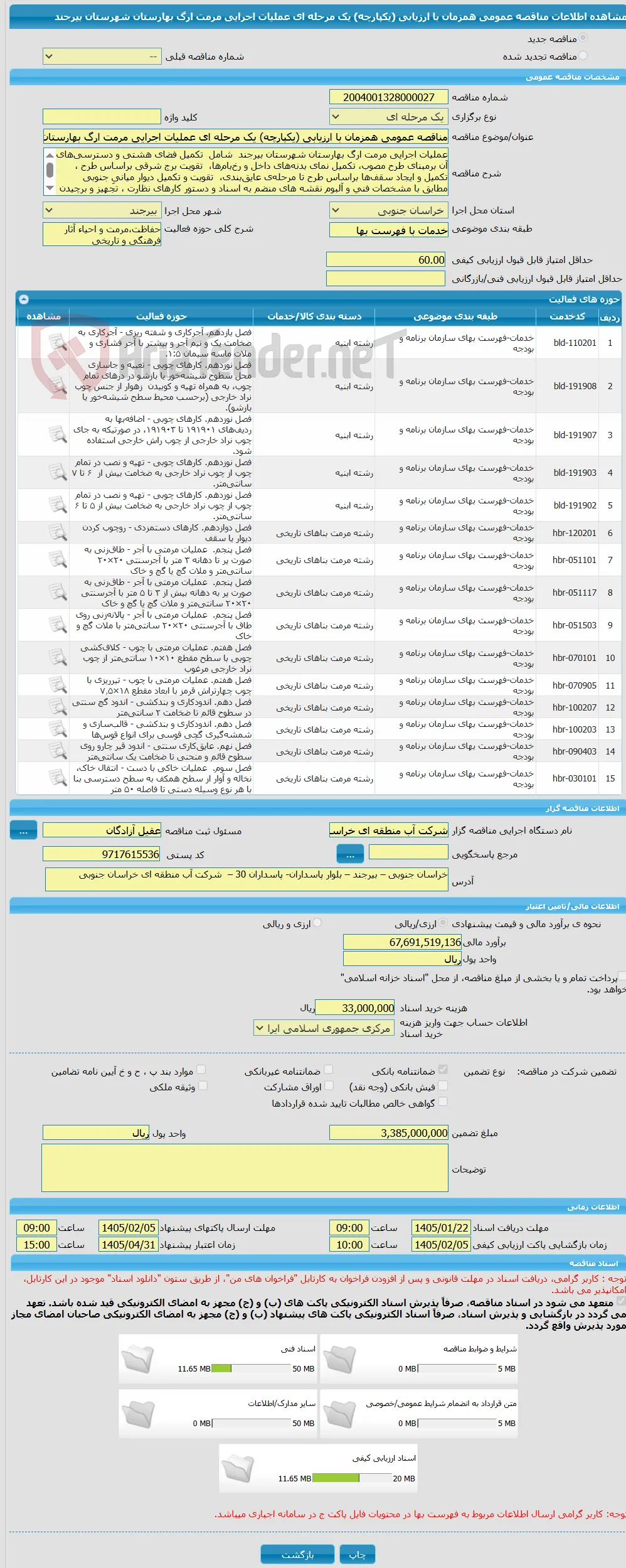 مناقصه عمومی همزمان با ارزیابی (یکپارچه) یک مرحله ای عملیات اجرایی مرمت ارگ بهارستان شهرستان بیرجند  