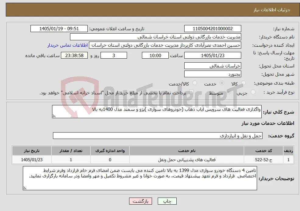 نیاز خدمات-واگذاری فعالیت های سرویس ایاب ذهاب (خودروهای سواری )پژو و سمند مدل 1400به بالا