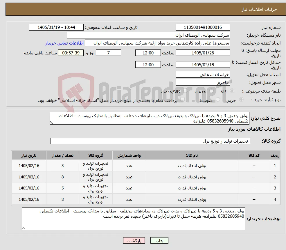 نیاز کالا-پولی چدنی 3 و 5 ردیفه با تیپرلاک و بدون تیپرلاک در سایزهای مختلف - مطابق با مدارک پیوست - اطلاعات تکمیلی 05832605940 علیزاده