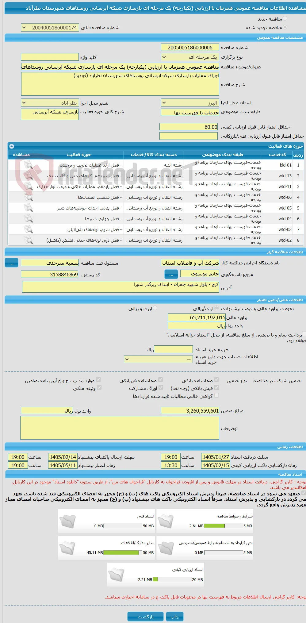 مناقصه عمومی همزمان با ارزیابی (یکپارچه) یک مرحله ای بازسازی شبکه آبرسانی روستاهای شهرستان نظرآباد