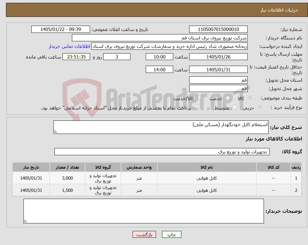 نیاز کالا-استعلام کابل خودنگهدار (مسکن ملی)