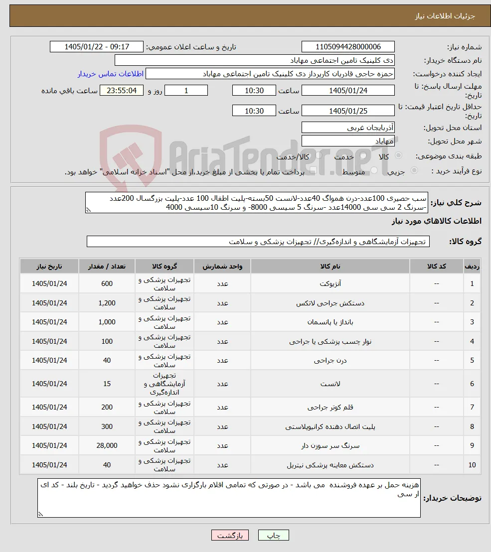 نیاز کالا-سب حصیری 100عدد-درن همواگ 40عدد-لانست 50بسته-پلیت اطفال 100 عدد-پلیت بزرگسال 200عدد -سرنگ 2 سی سی 14000عدد -سرنگ 5 سیسی 8000- و سرنگ 10سیسی 4000