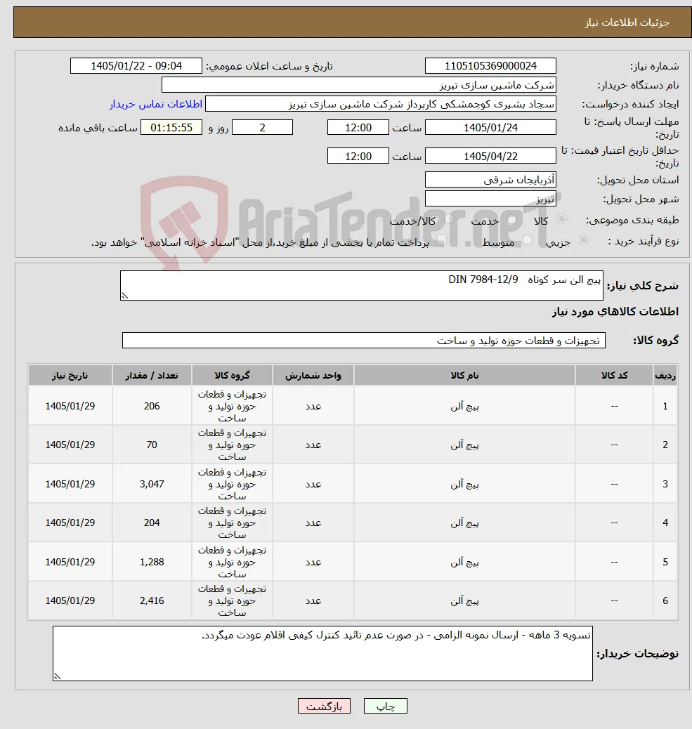 نیاز کالا-پیچ الن سر کوتاه DIN 7984-12/9